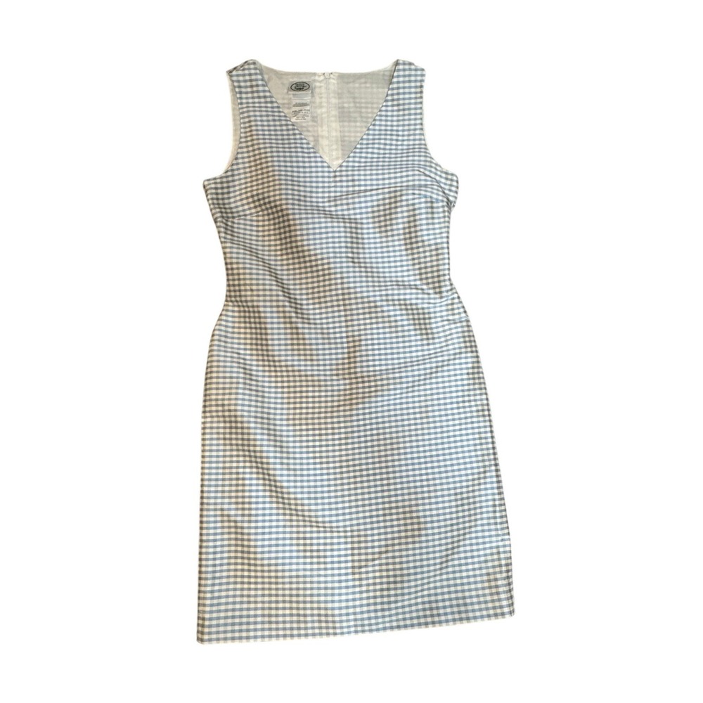 Laura Ashley 100% Silk Gingham Sheath Dress Blue Cream V-Neck Size 8 Buttermom